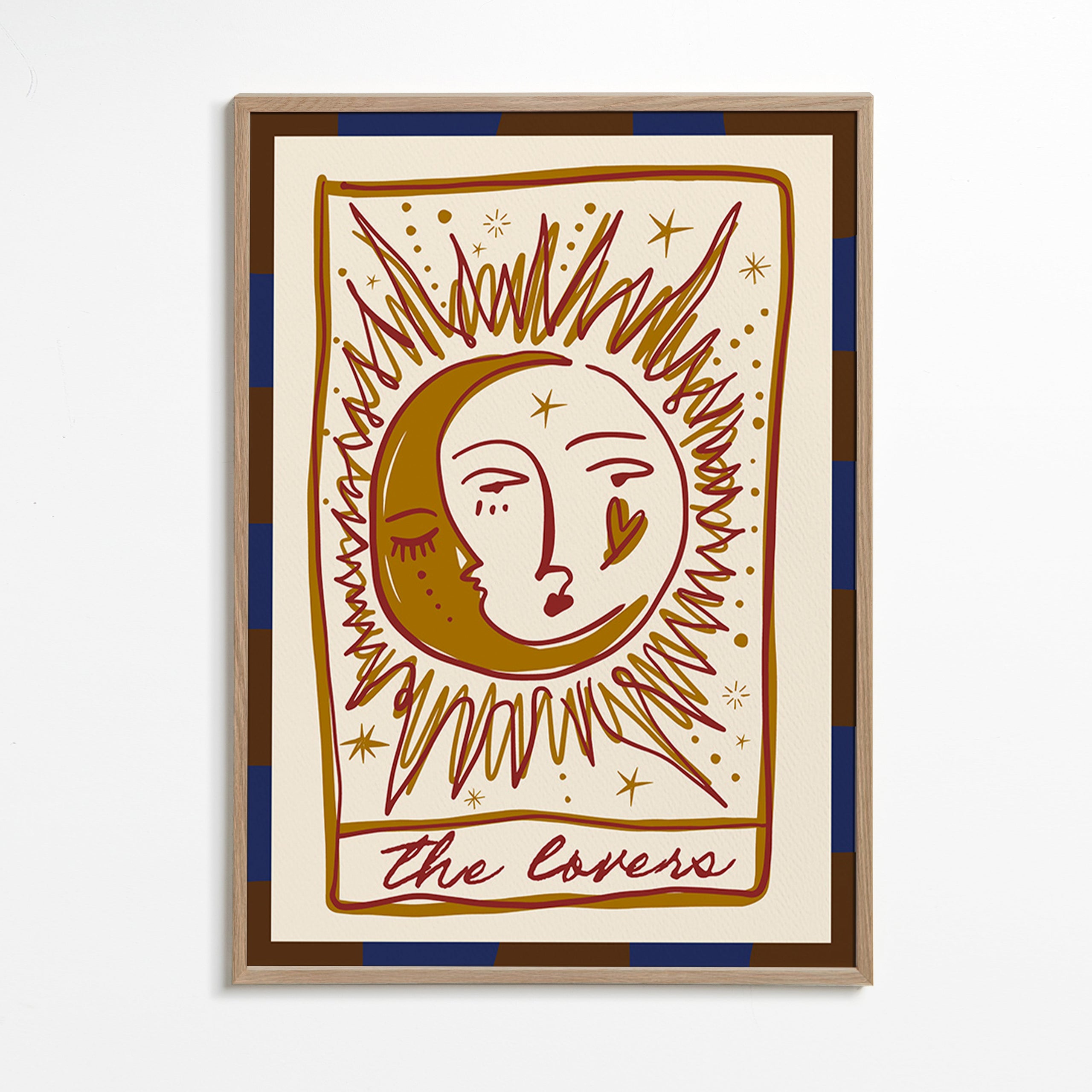 Ilustración tarot 'The Lovers' con sol y luna – Oak Frame