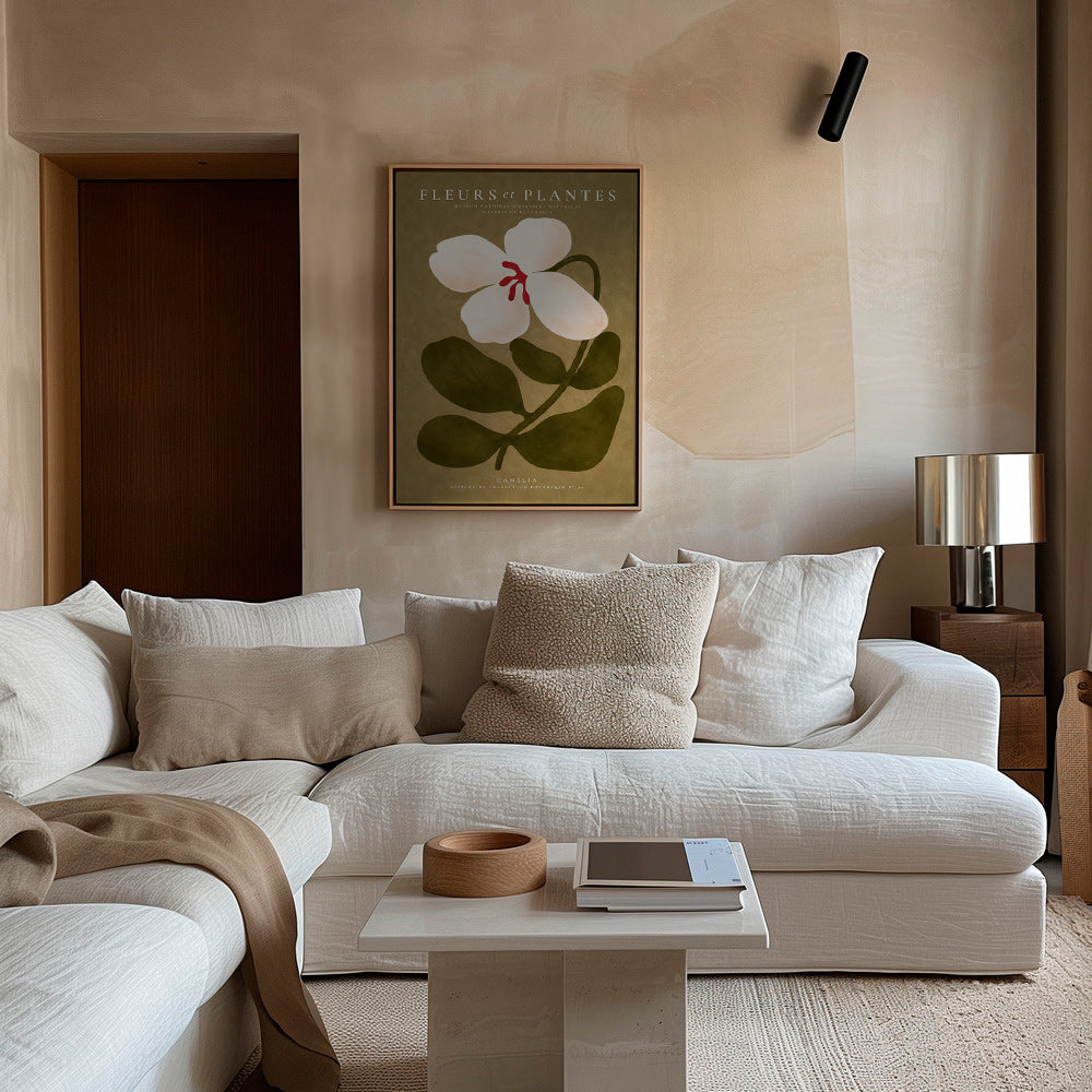Lámina botánica: camelia blanca sobre fondo oliva – Canvas1