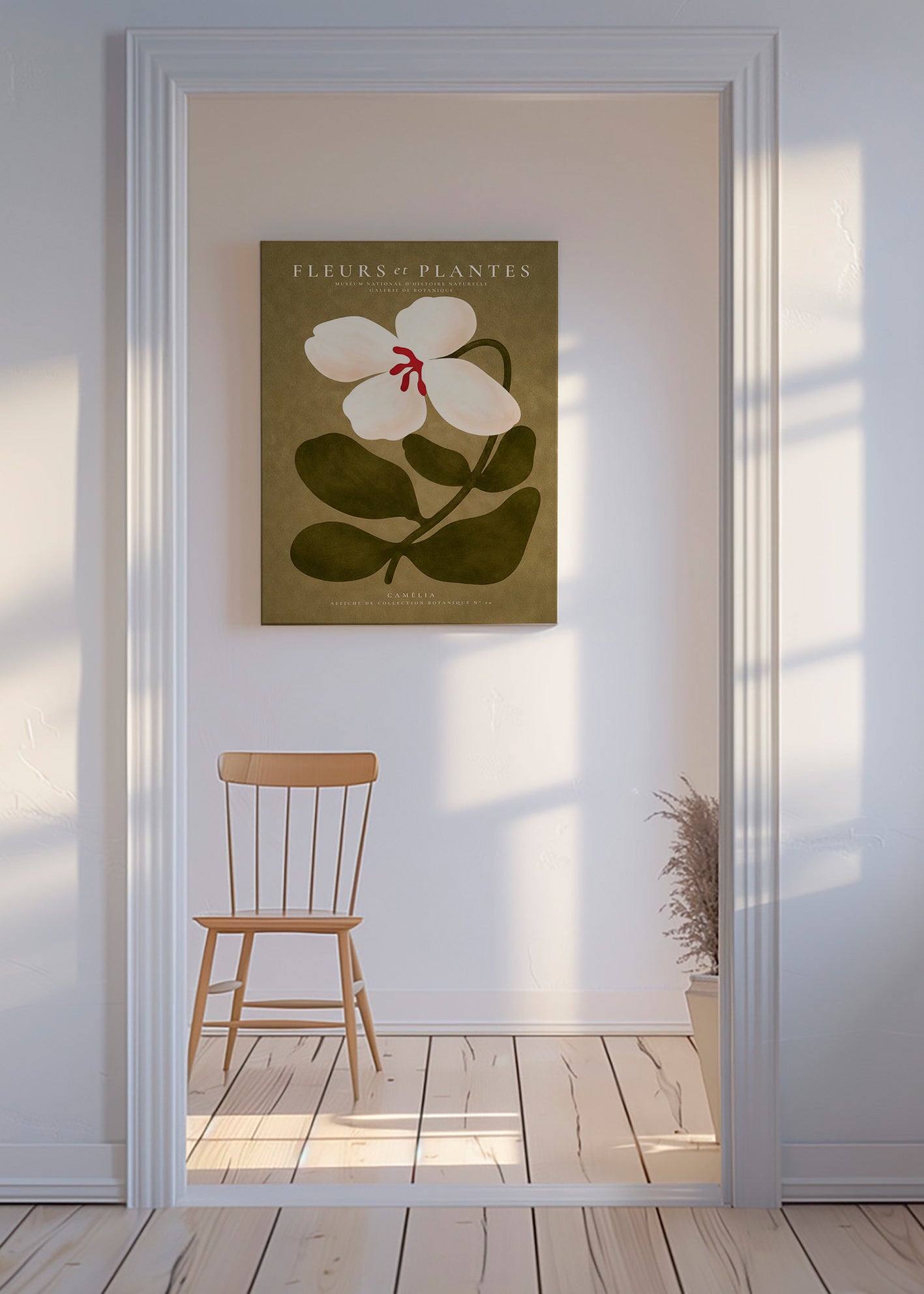 Lámina botánica: camelia blanca sobre fondo oliva – Canvas