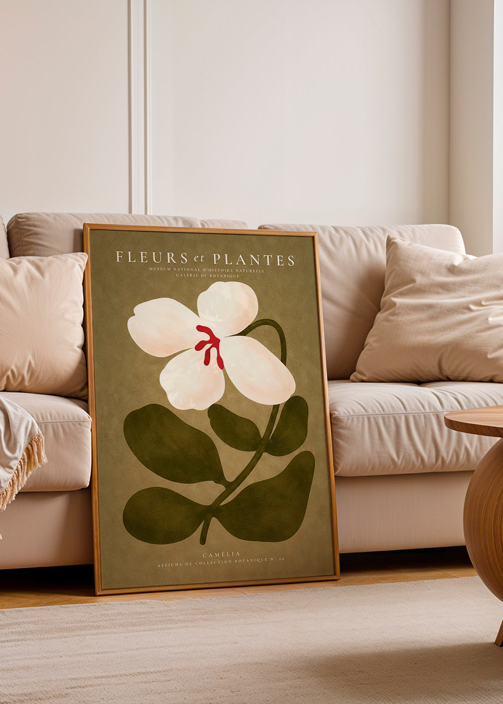 Lámina botánica: camelia blanca sobre fondo oliva – Product3