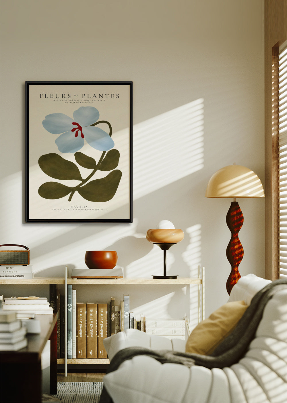 Blue Camellia - Framed canvas in an interior
