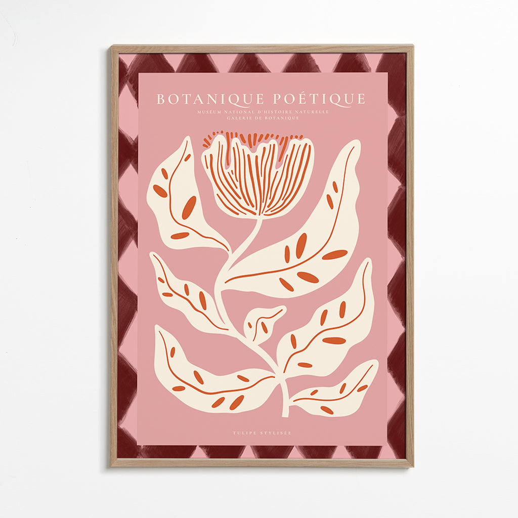 Lámina botánica con flor estilizada rosa – Oak Frame