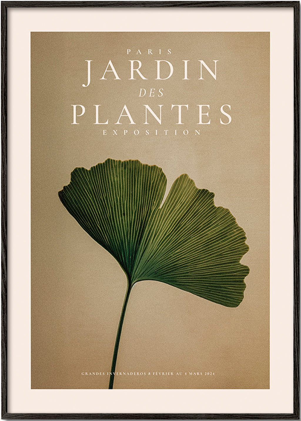 Lámina botánica con hoja de ginkgo y tipografía clásica – Black Frame