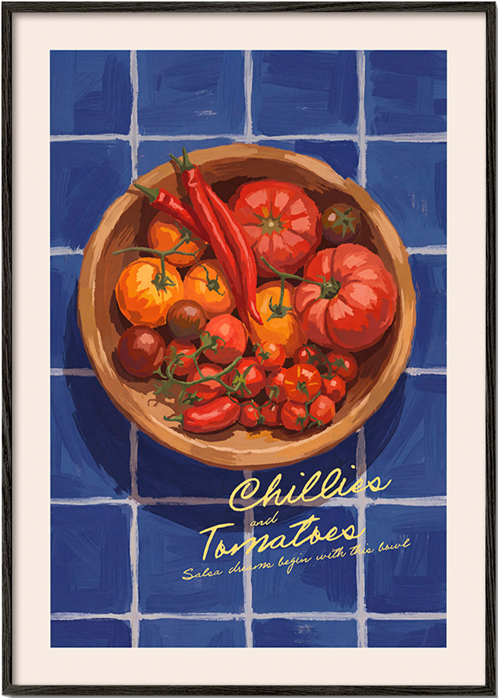 Cuadro de cocina con chiles y tomates ilustrados – Black Frame