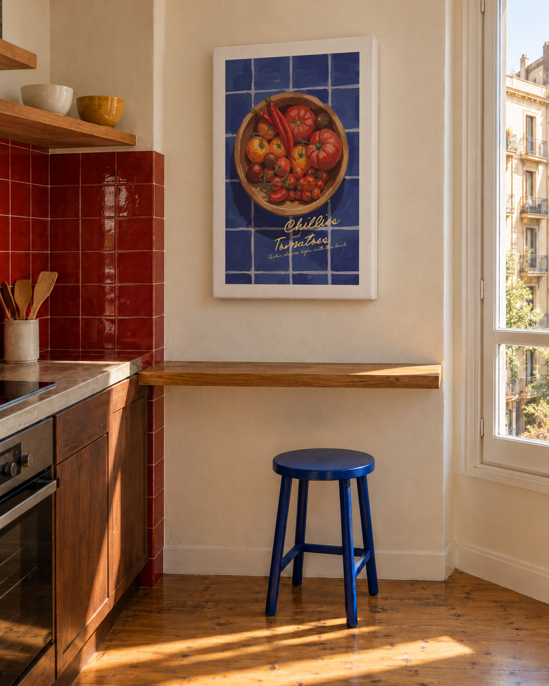 Chillies and Tomatoes - Unframed canvas in an interior