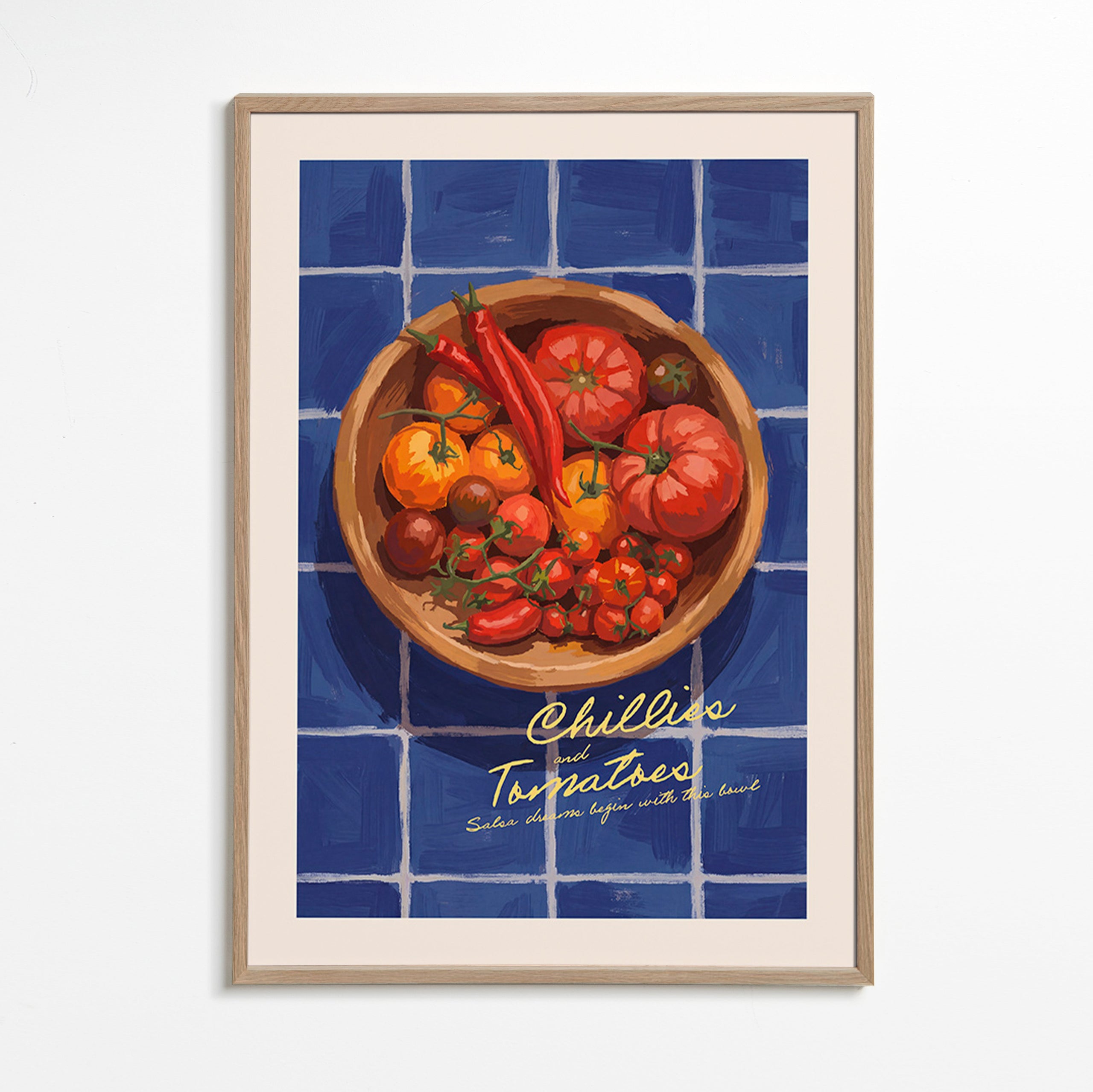 Cuadro de cocina con chiles y tomates ilustrados – Oak Frame