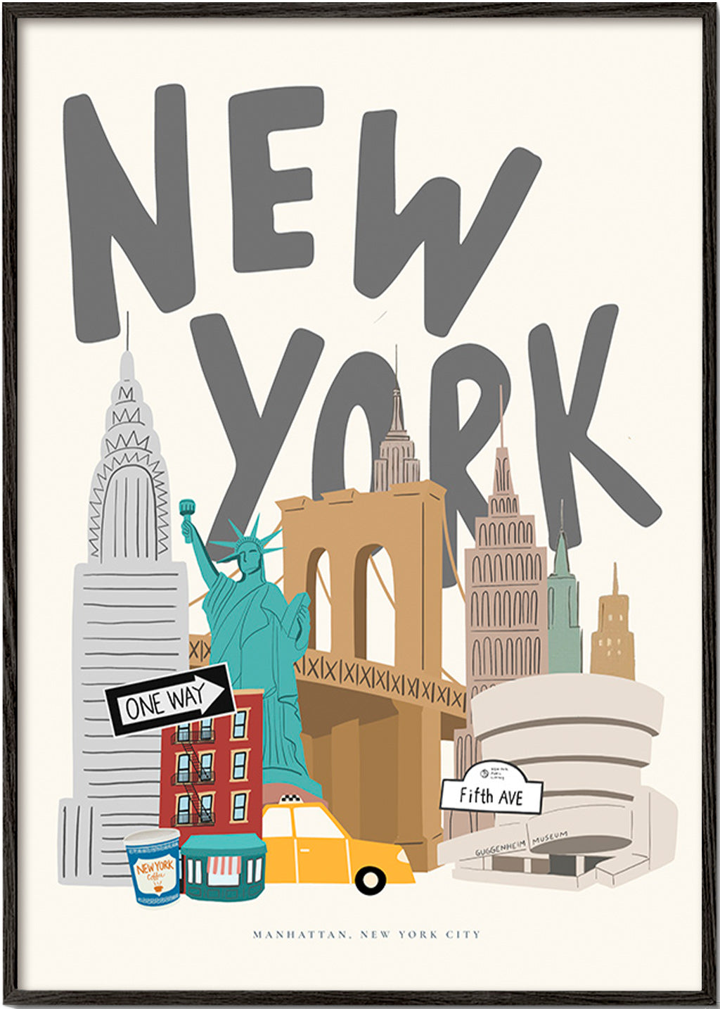 Cuadro de ciudades con iconos de New York – Black Frame