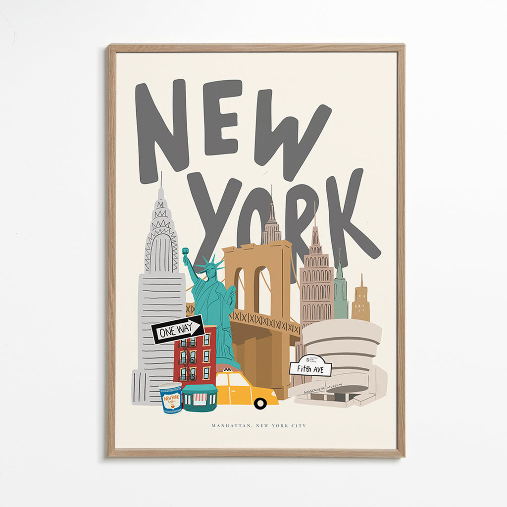 Cuadro de ciudades con iconos de New York – Oak Frame