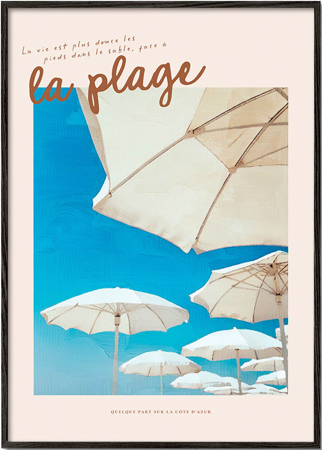 Cuadro de paisaje: playa con parasoles y cielo azul – Black Frame