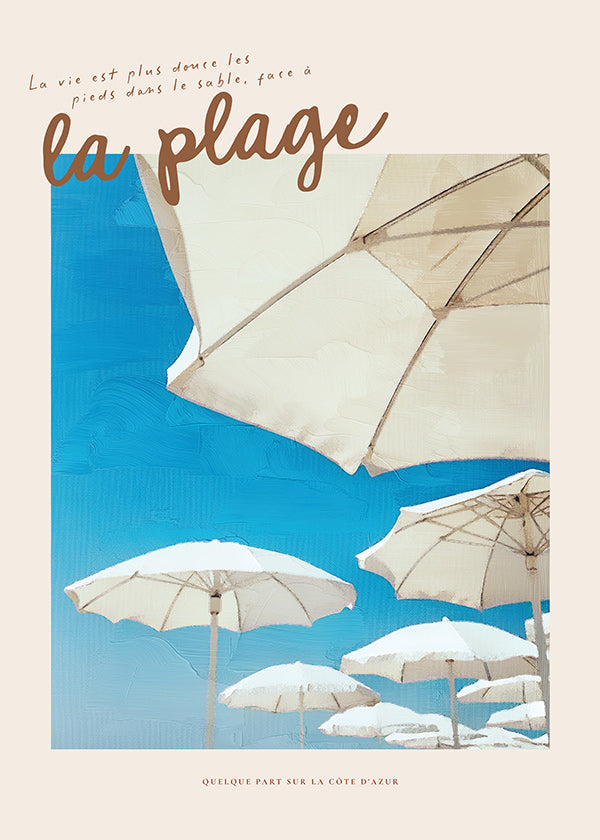 Cuadro de paisaje: playa con parasoles y cielo azul