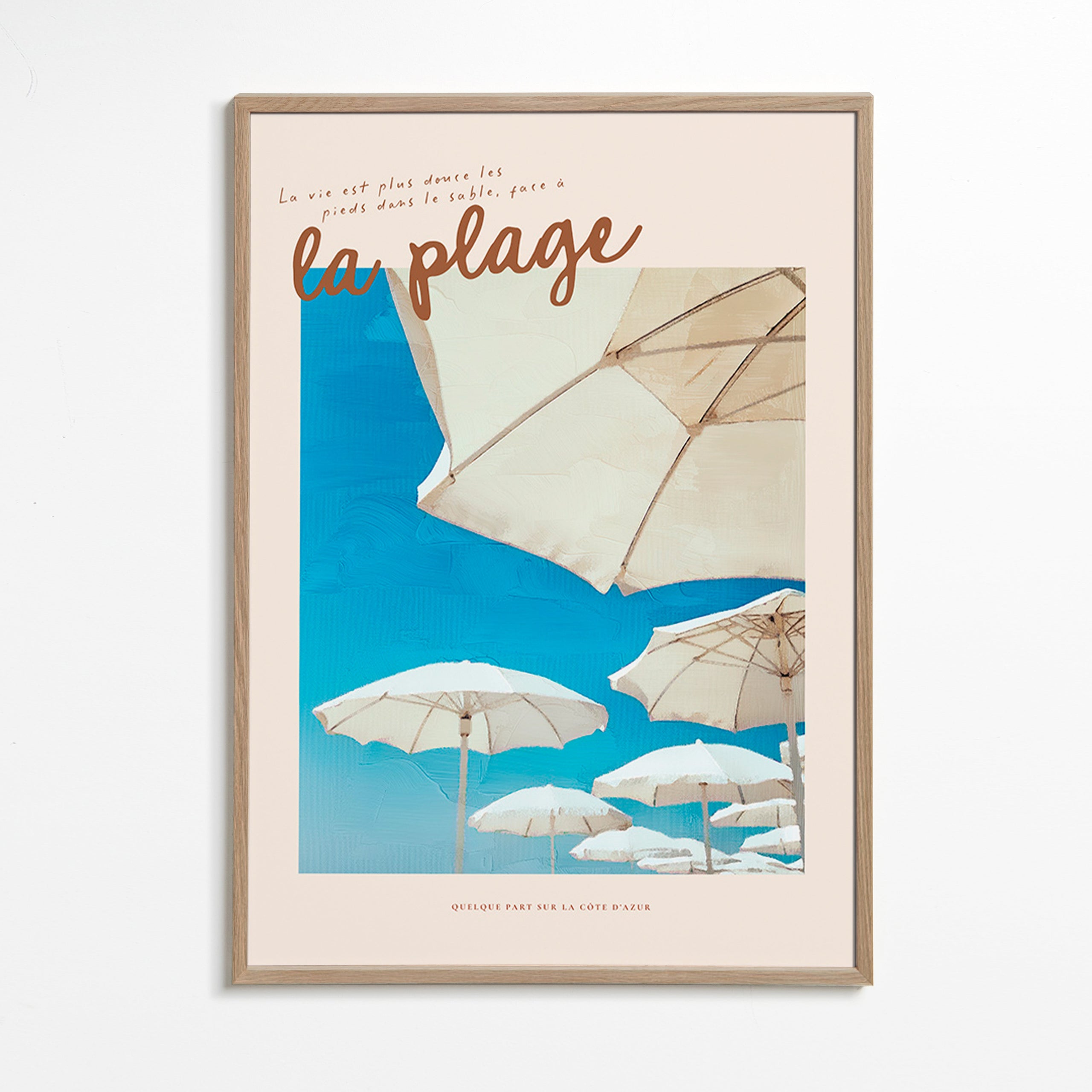 Cuadro de paisaje: playa con parasoles y cielo azul – Oak Frame