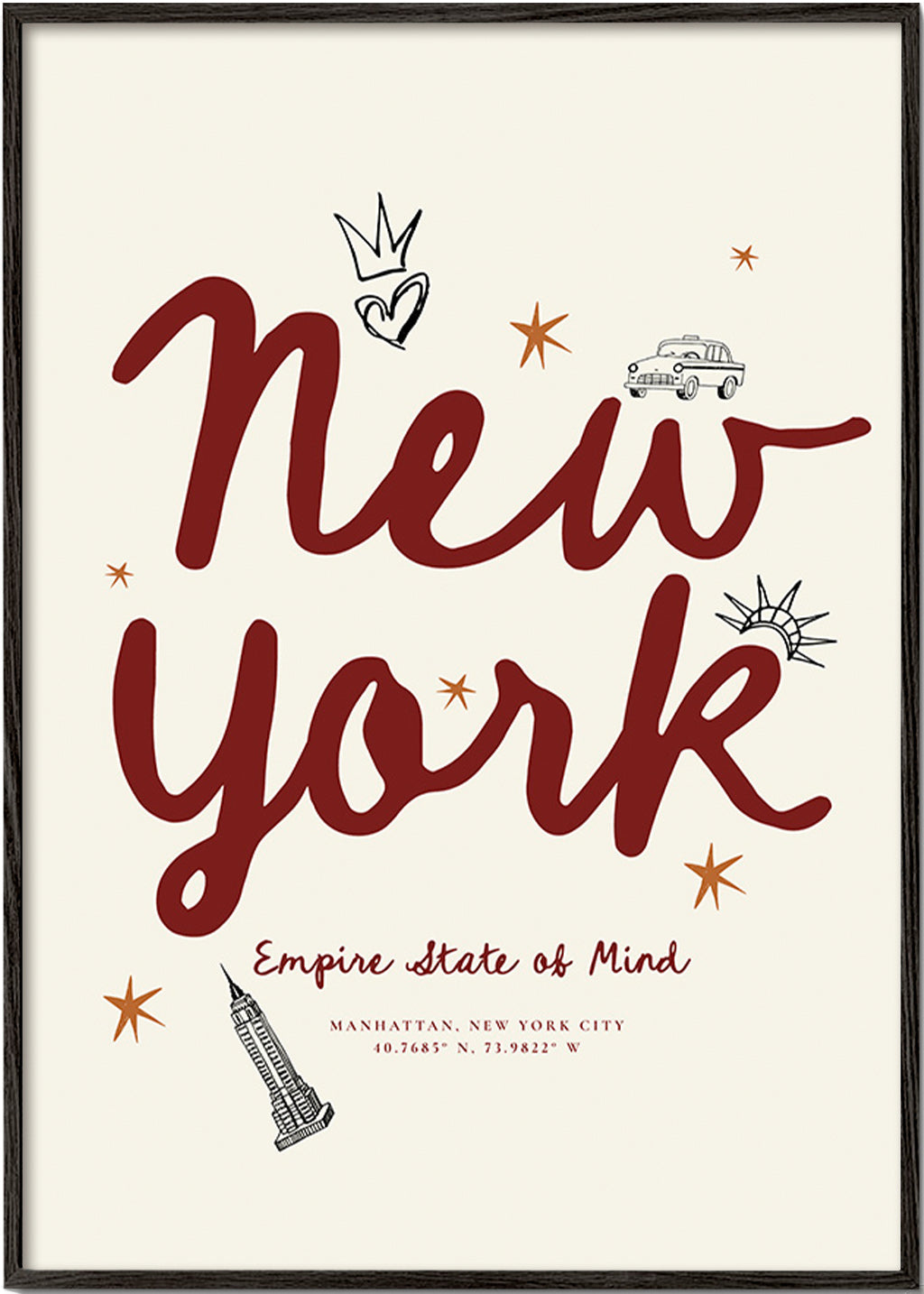 Cuadro de ciudades New York con lettering burdeos – Black Frame