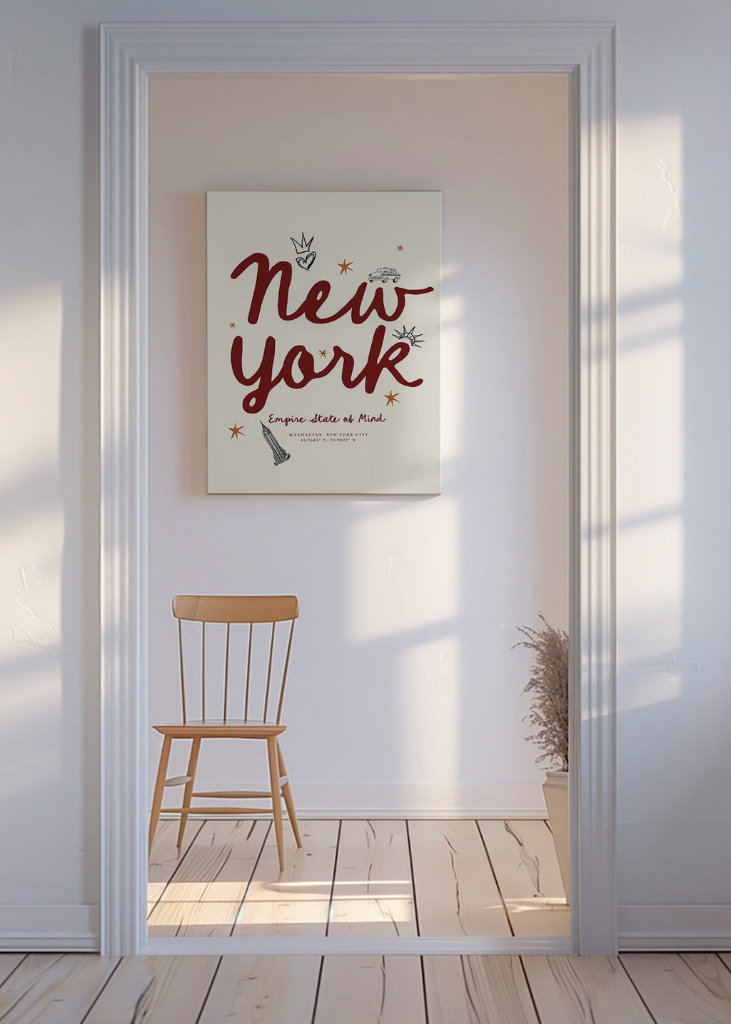 Cuadro de ciudades New York con lettering burdeos – Canvas