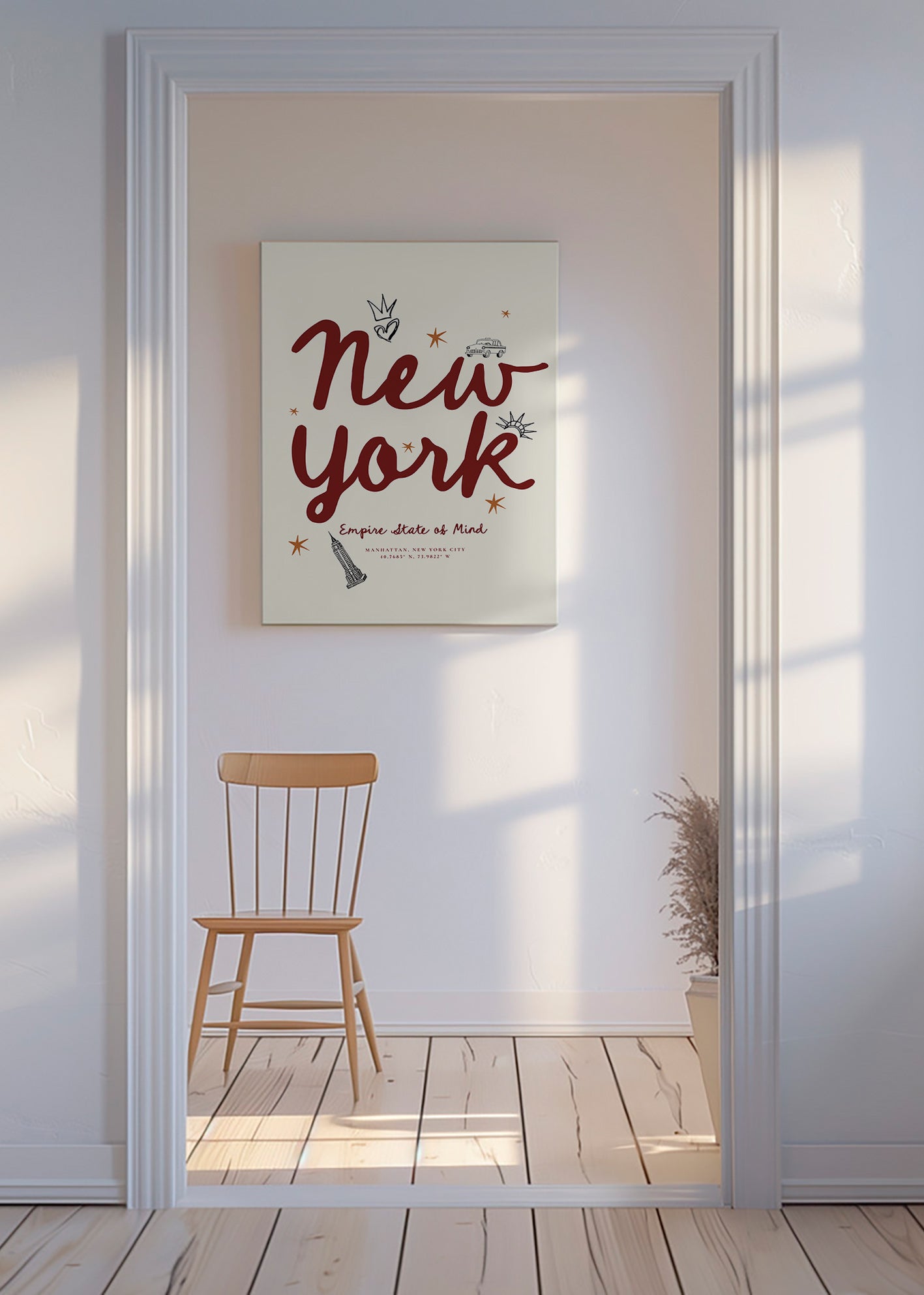 Cuadro de ciudades New York con lettering burdeos – Canvas