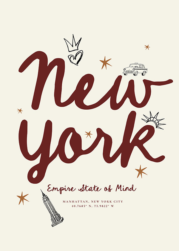 Cuadro de ciudades New York con lettering burdeos
