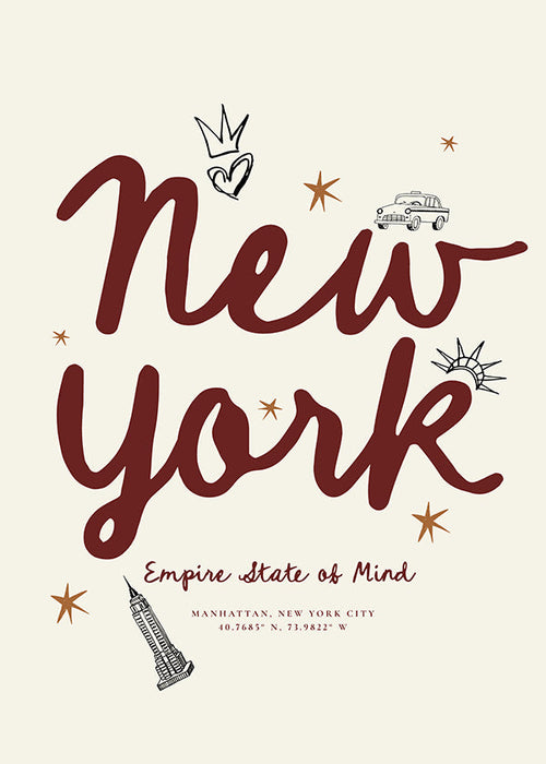 Cuadro de ciudades New York con lettering burdeos