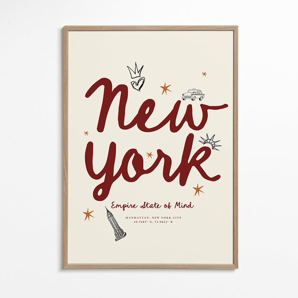 Cuadro de ciudades New York con lettering burdeos – Oak Frame
