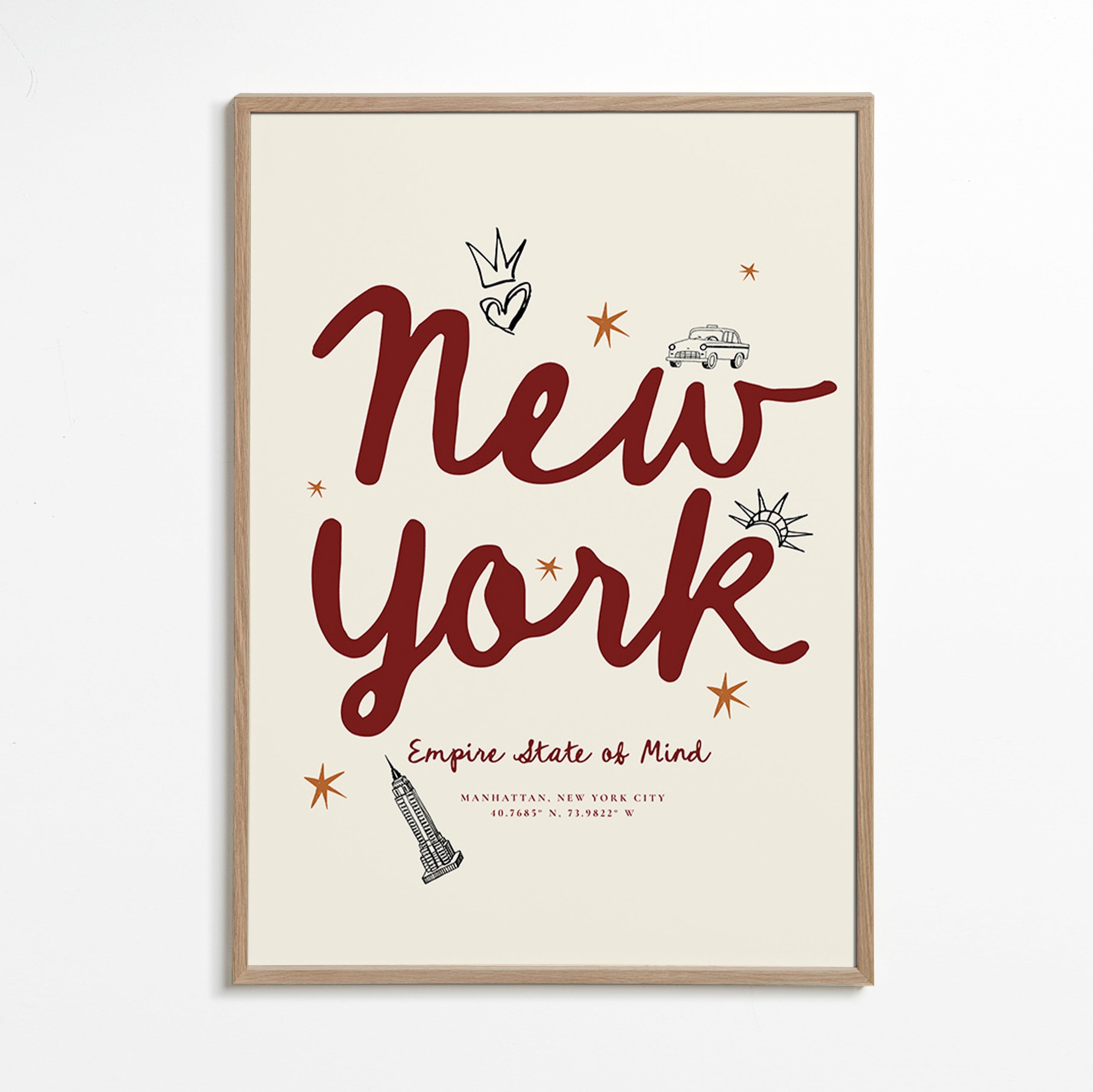 Cuadro de ciudades New York con lettering burdeos – Oak Frame