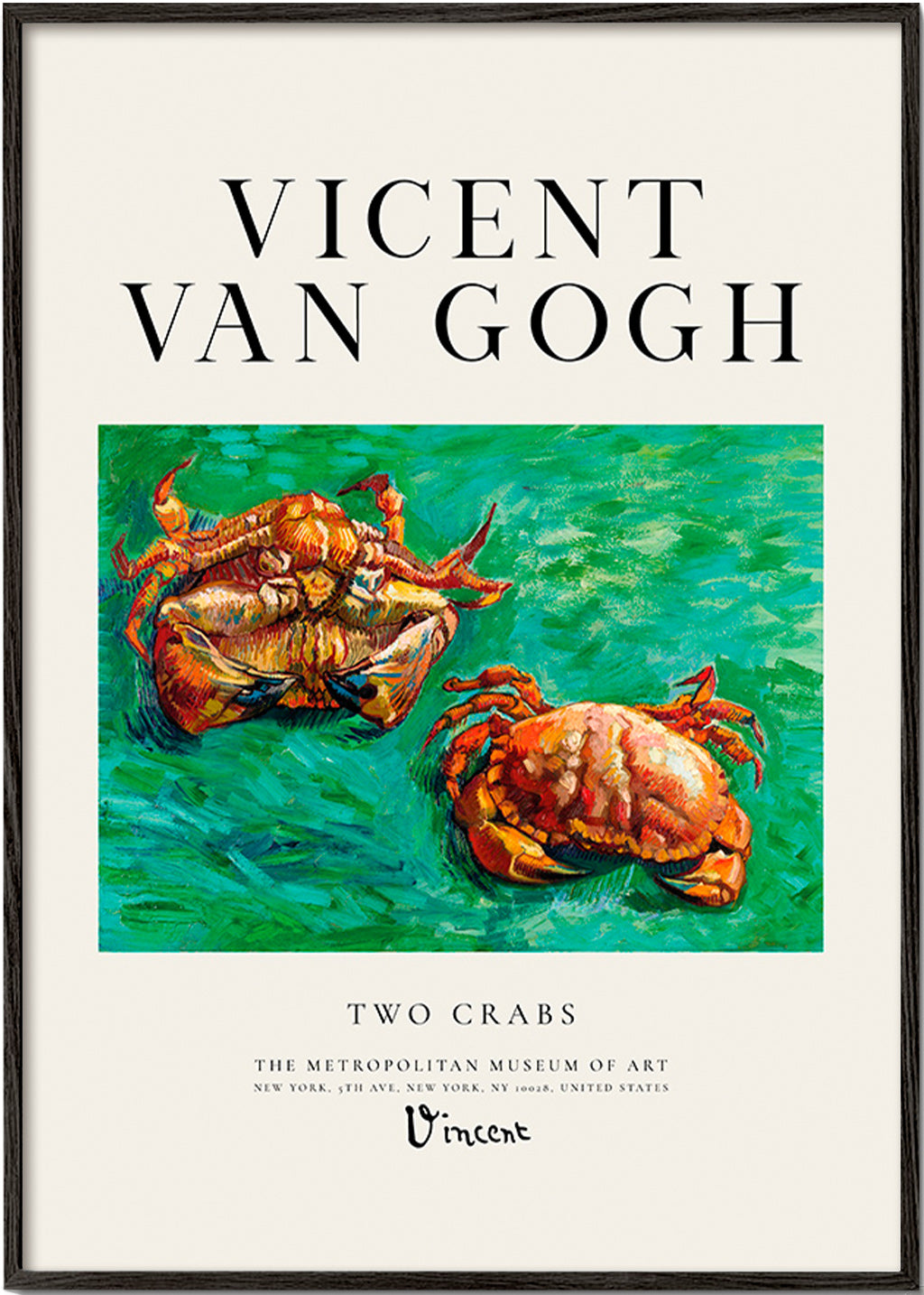 Cuadro Two Crabs de Van Gogh con cangrejos sobre fondo verde – Black Frame