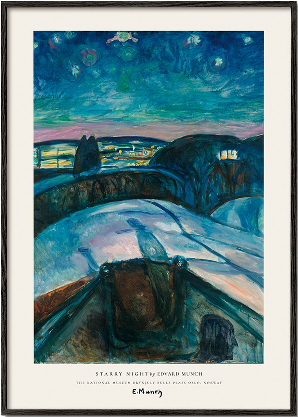 Cuadro de paisaje con cielo estrellado y colinas nevadas – Black Frame