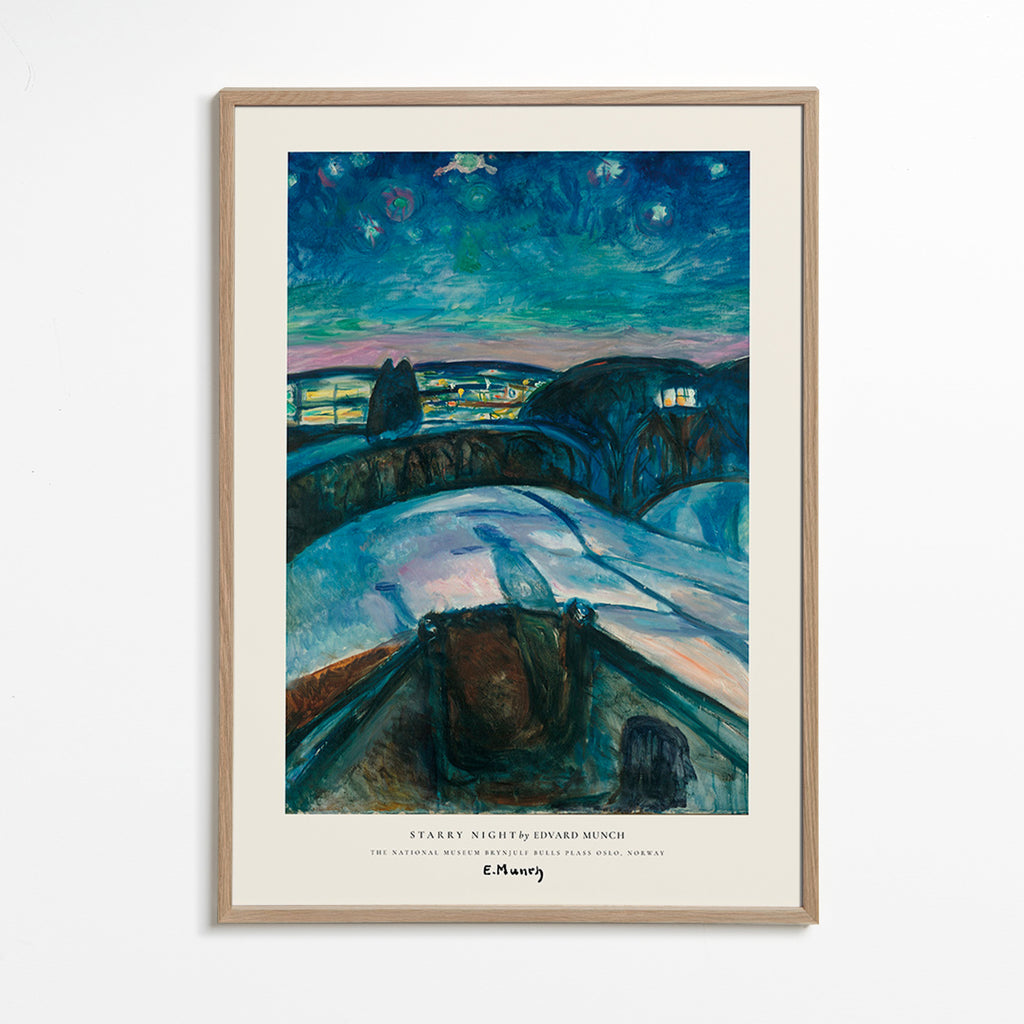 Cuadro de paisaje con cielo estrellado y colinas nevadas – Oak Frame