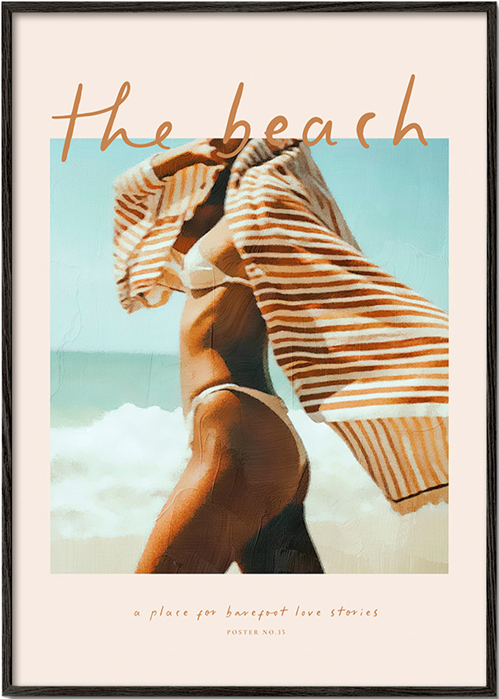 Cuadro de paisaje con figura playera y toalla a rayas – Black Frame