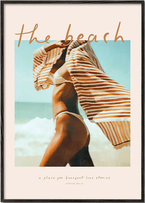 Cuadro de paisaje con figura playera y toalla a rayas – Black Frame