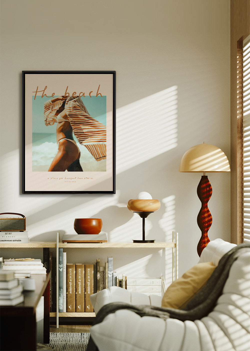 Cuadro de paisaje con figura playera y toalla a rayas – Canvas1