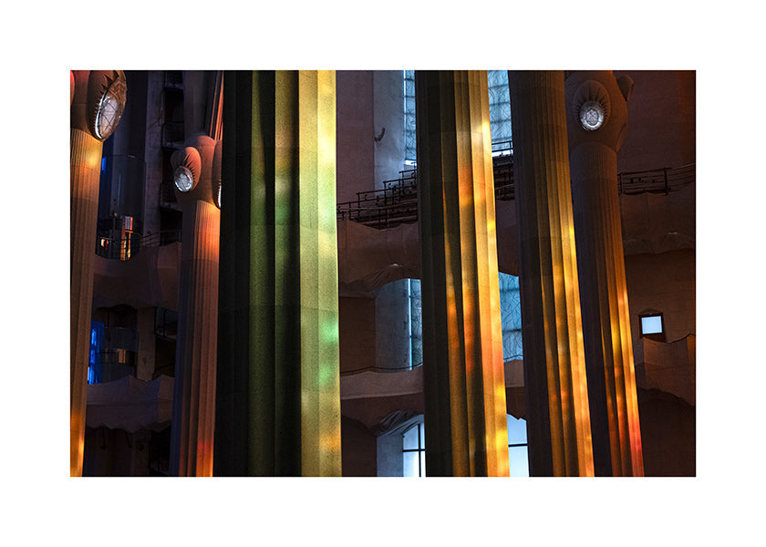 Fotografía interior de columnas iluminadas en color