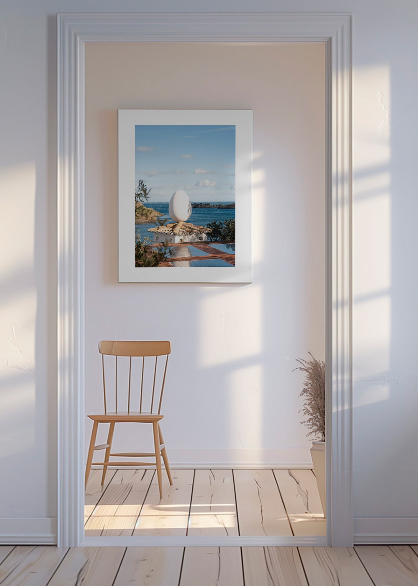 Cuadro de paisaje con huevo escultórico en la costa – Canvas