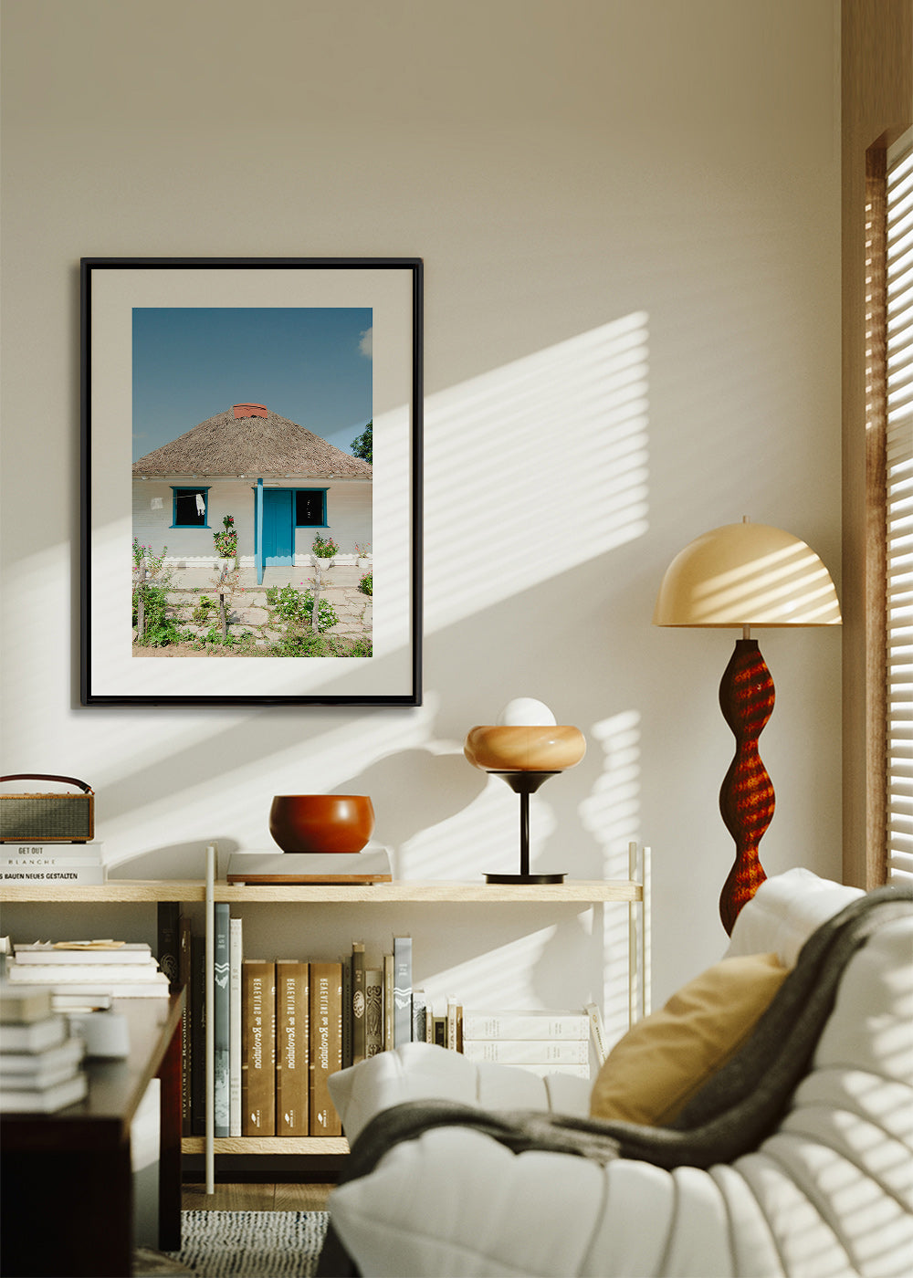 Cuadro de paisaje con casa y puerta azul – Canvas2