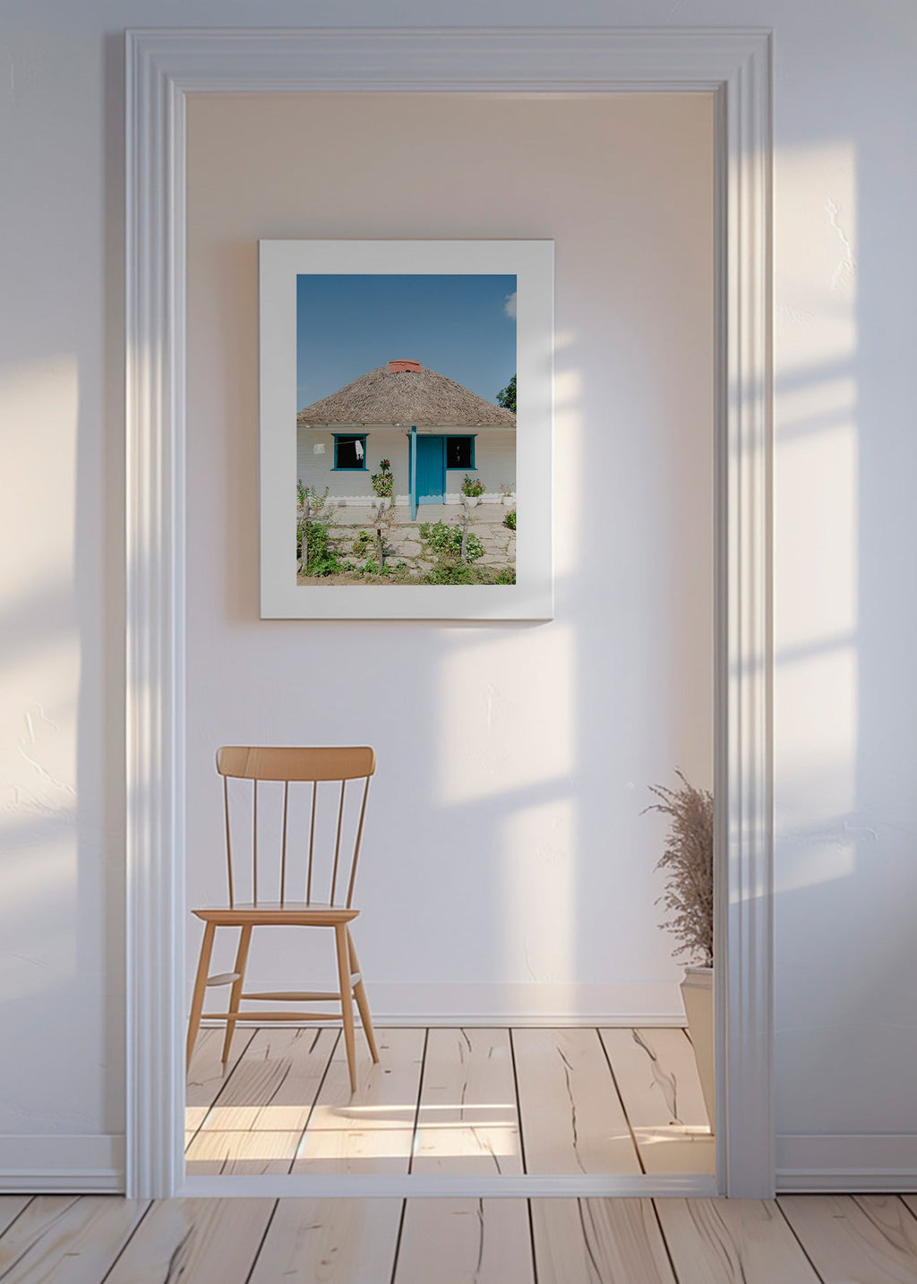 Cuadro de paisaje con casa y puerta azul – Canvas
