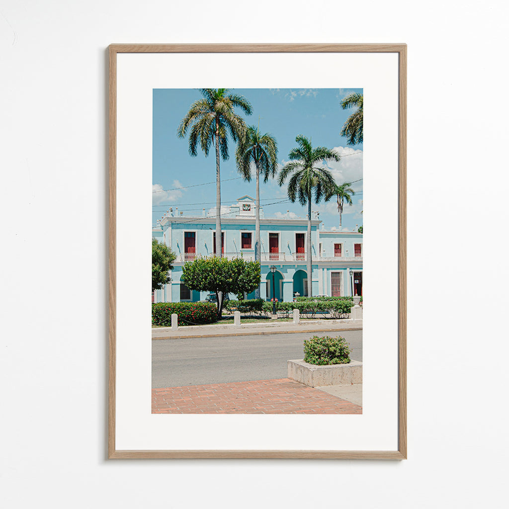 Cuadro de ciudades con fachada azul y palmeras – Oak Frame