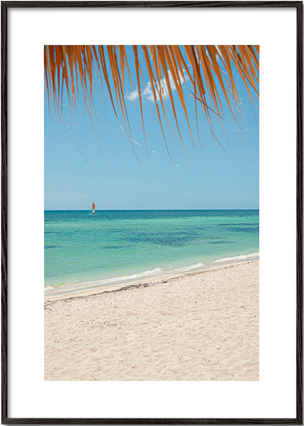 Cuadro de paisaje: playa caribeña con palmera – Black Frame