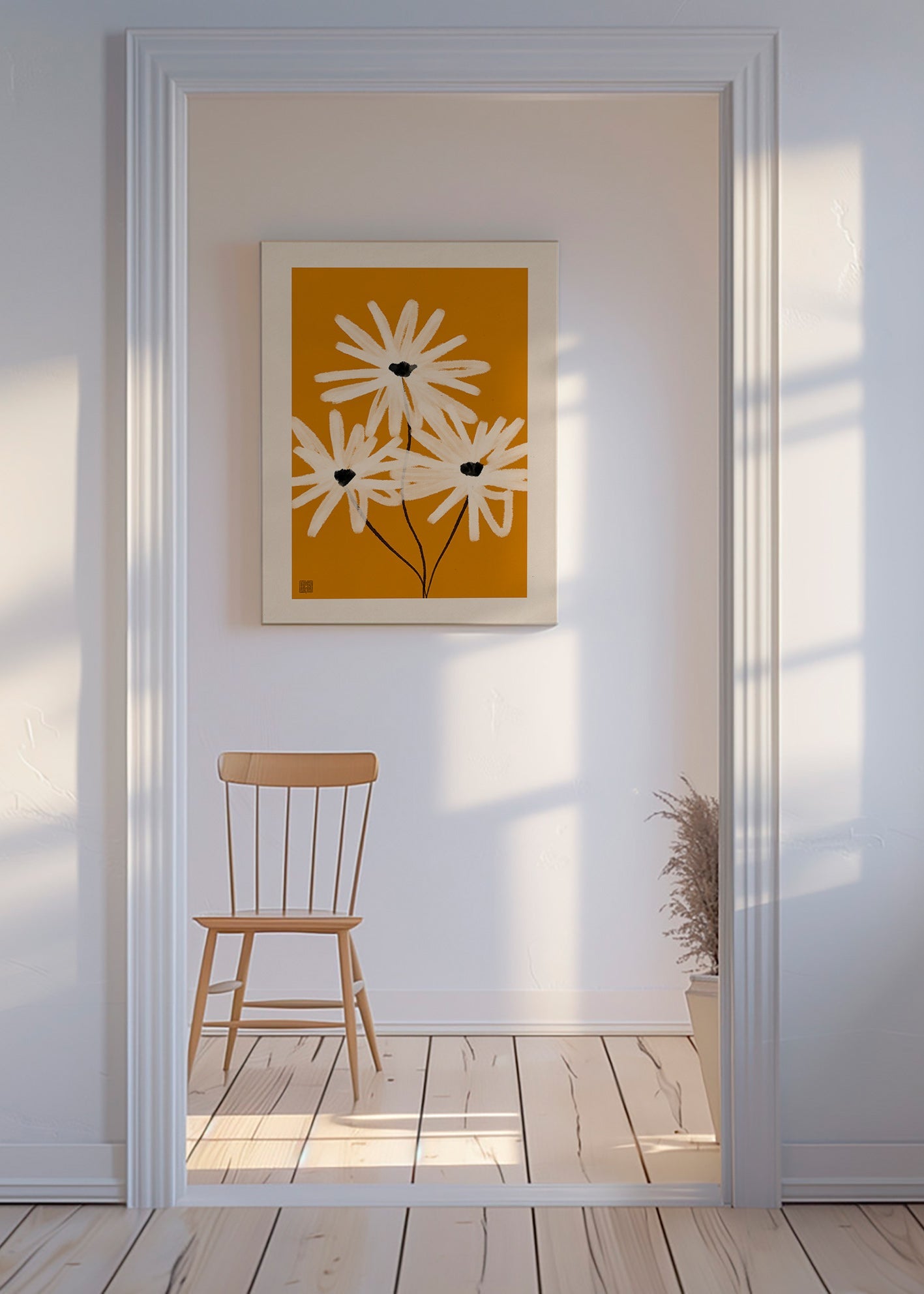 Lámina botánica de margaritas sobre fondo mostaza – Canvas