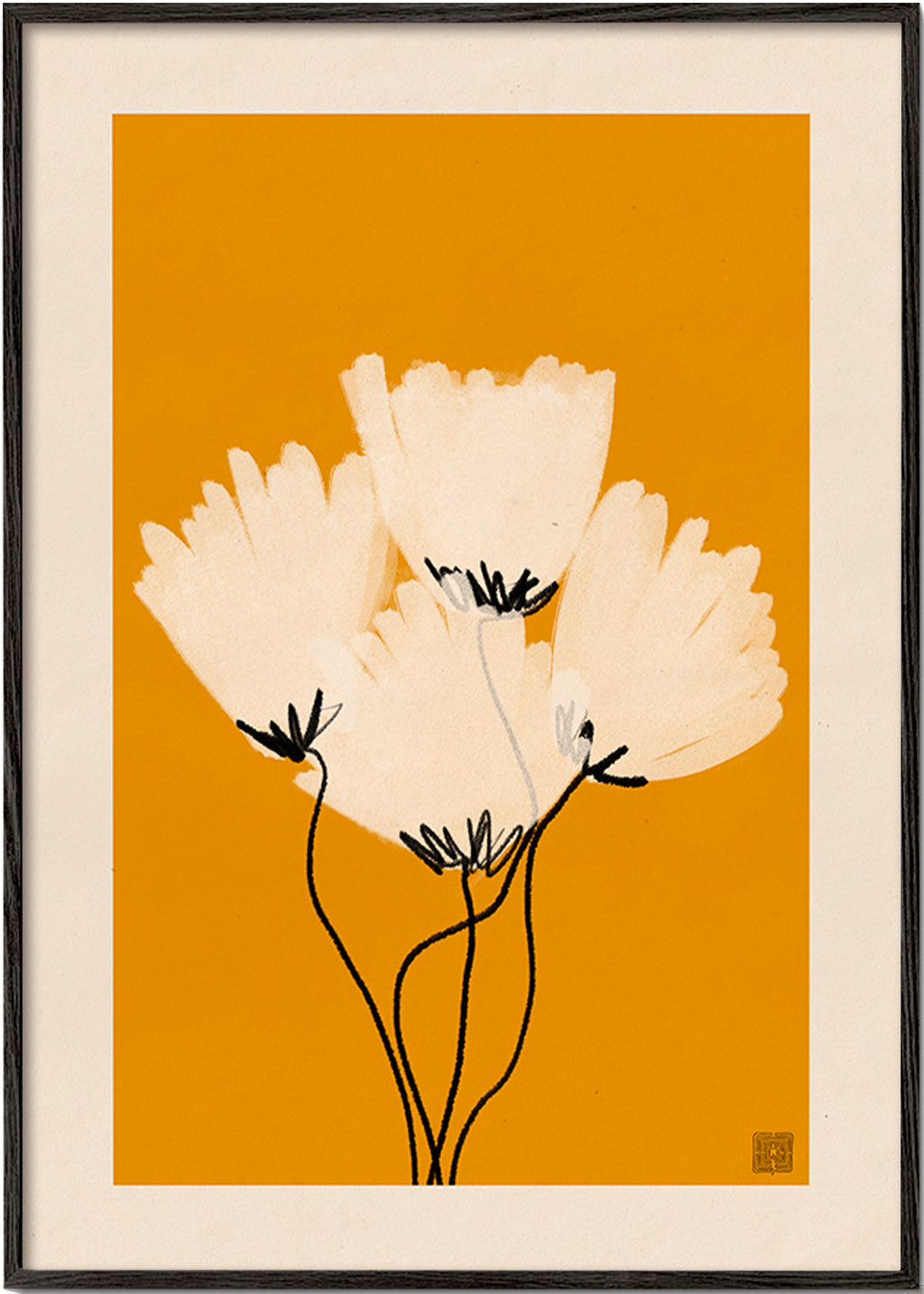 Lámina botánica: flores blancas sobre fondo ocre – Black Frame