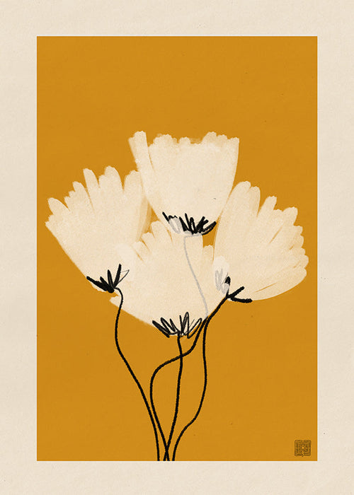 Lámina botánica: flores blancas sobre fondo ocre