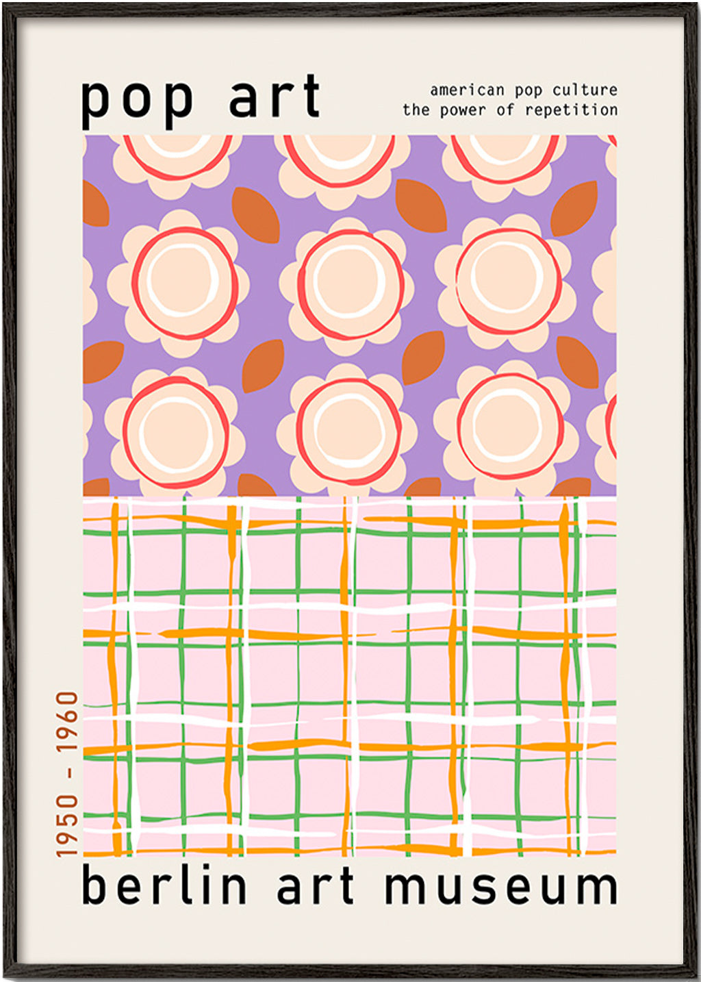 Ilustración pop art floral con retícula gráfica – Black Frame