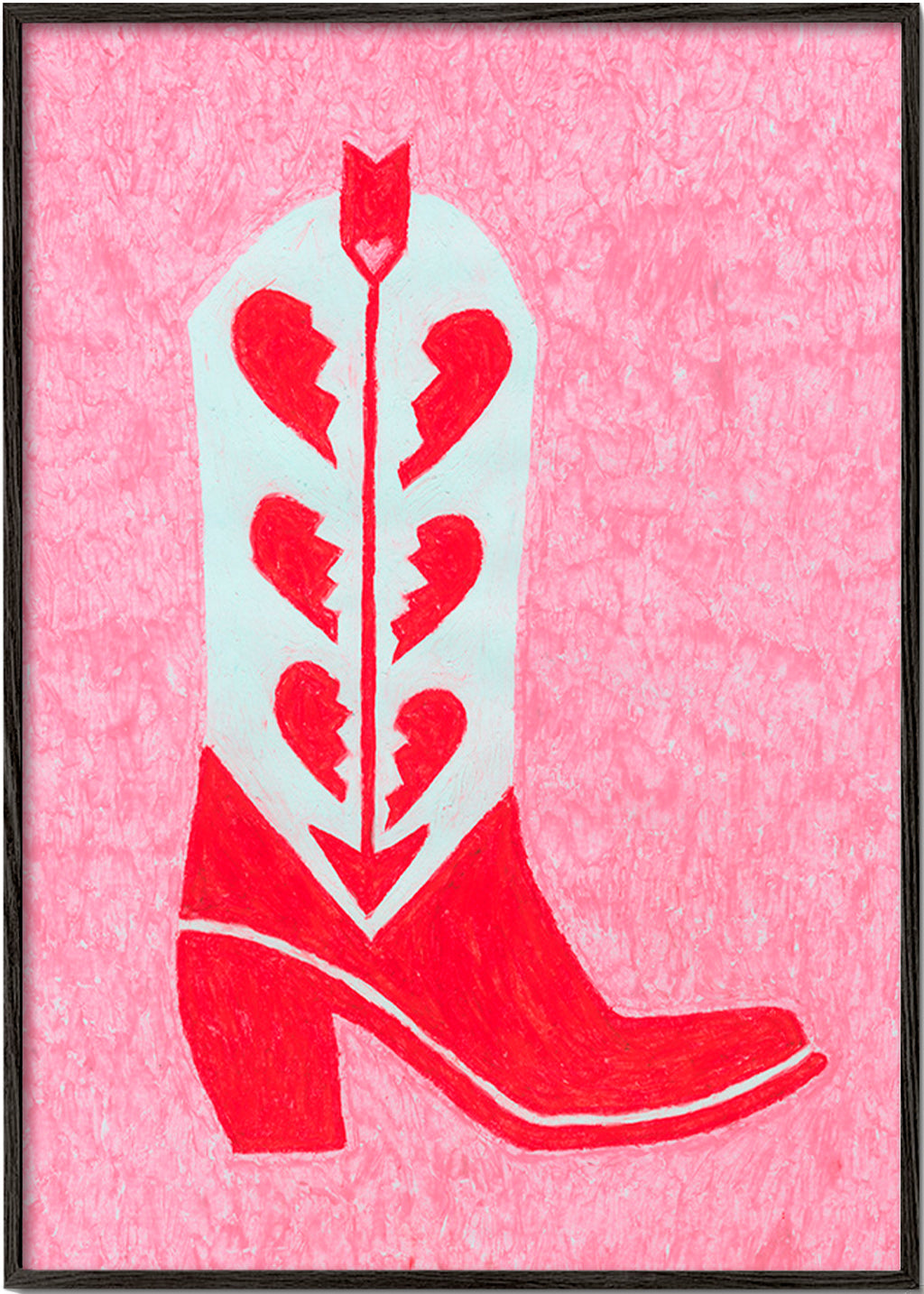 Ilustración de botín vaquero rojo con corazones rotos – Black Frame