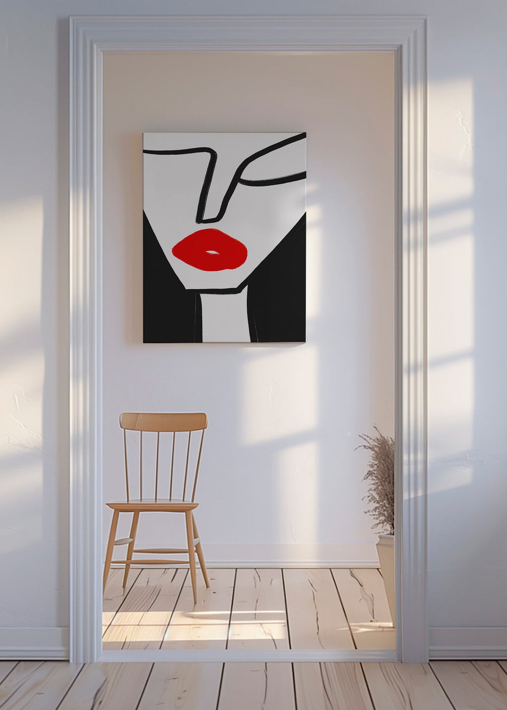 Cuadro minimalista con labios rojos y perfil gráfico – Canvas