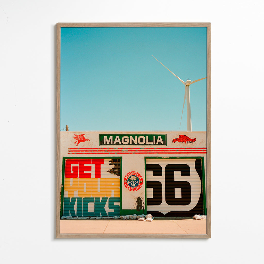 Cuadro de ciudades Route 66, mural fotográfico – Oak Frame