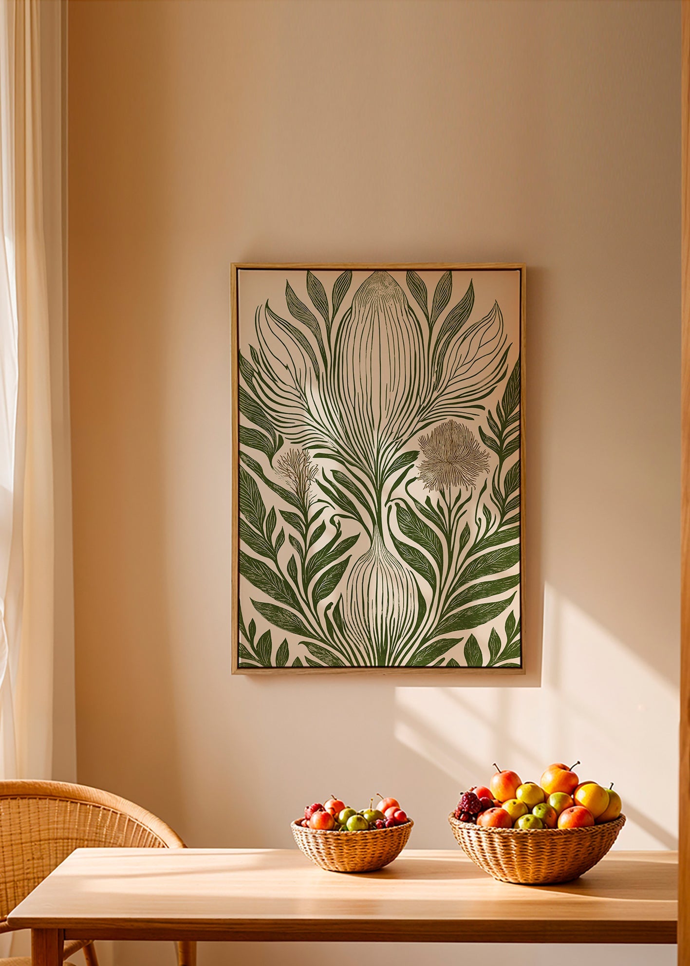 Lámina botánica con hojas verdes y trazo lineal – Canvas2