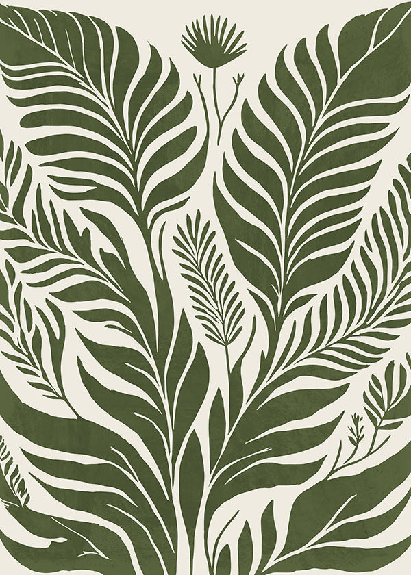 Lámina botánica de hojas verdes sobre fondo beige