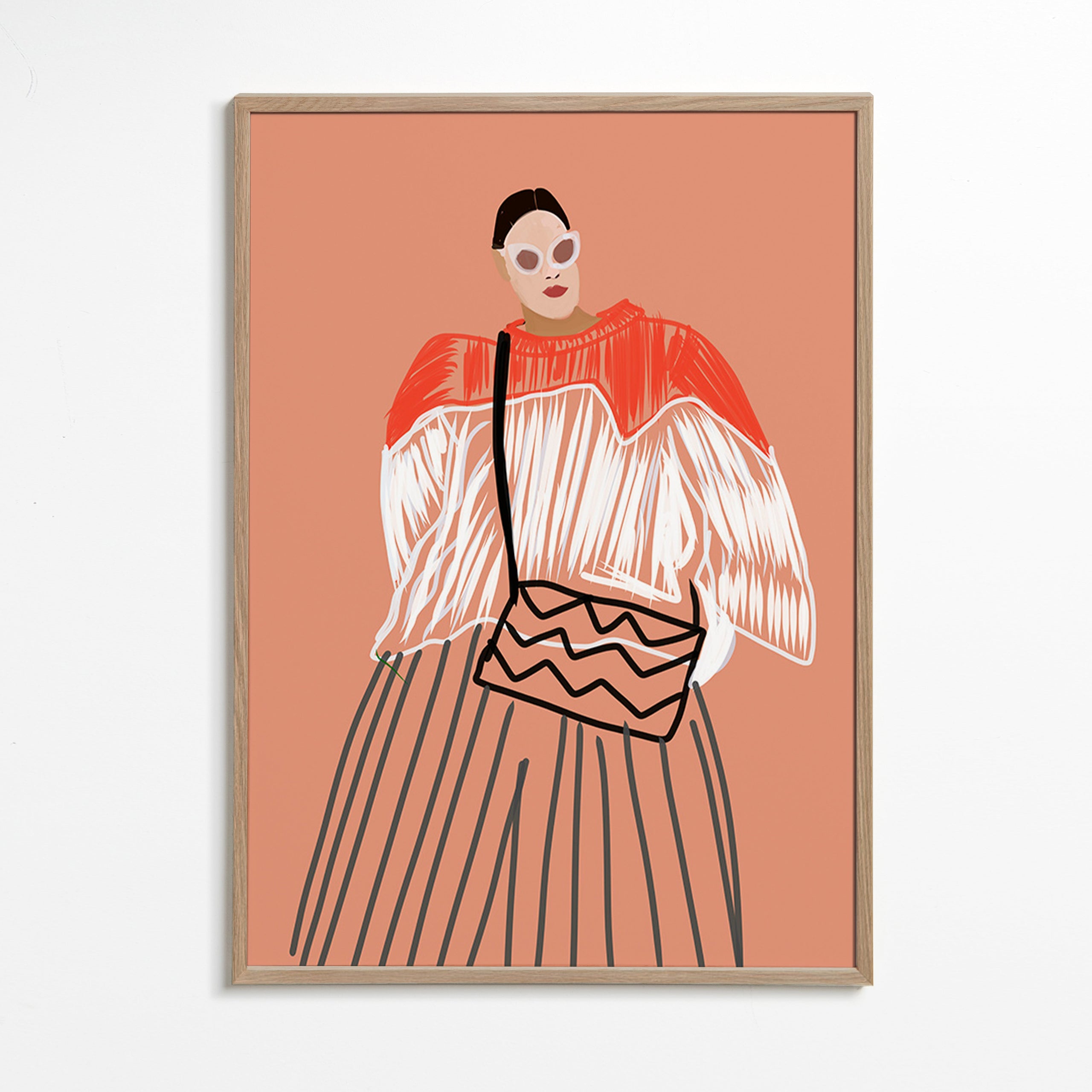 Ilustración de mujer con bolso coral – Oak Frame