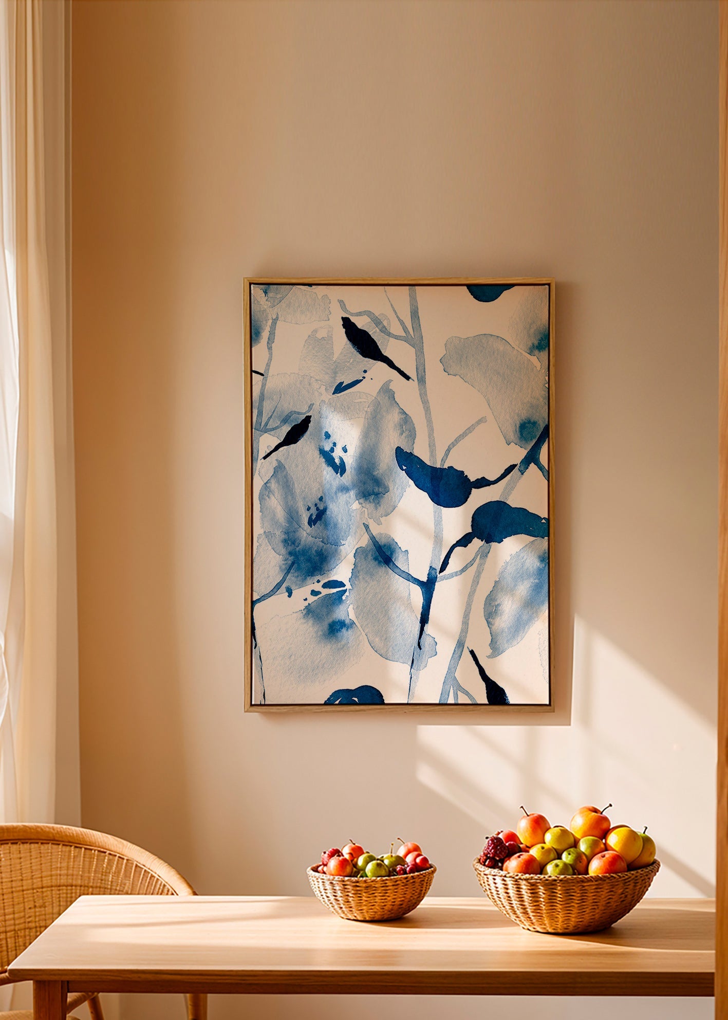 Lámina botánica en acuarela azul con aves – Canvas2