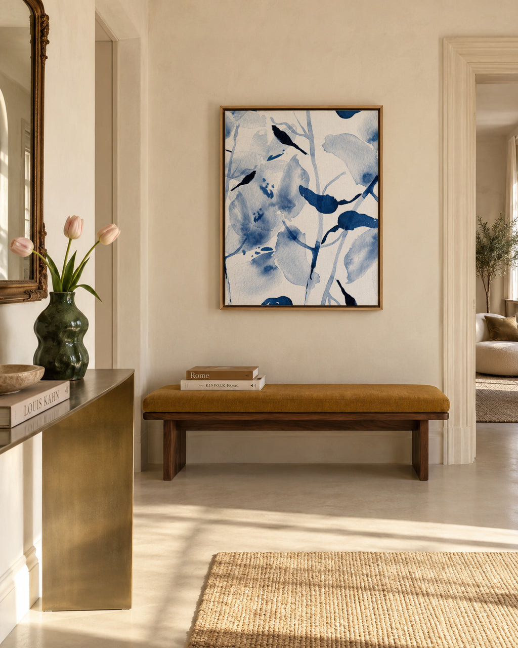 Brushstrokes And Silhouettes Of Birds On Branches - Framed canvas in an interior