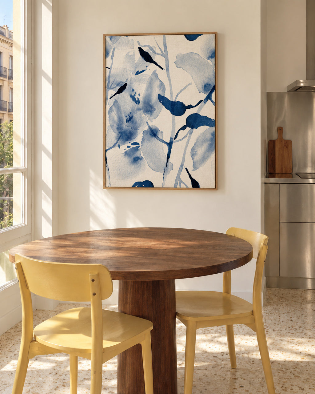 Brushstrokes And Silhouettes Of Birds On Branches - Framed canvas in an interior