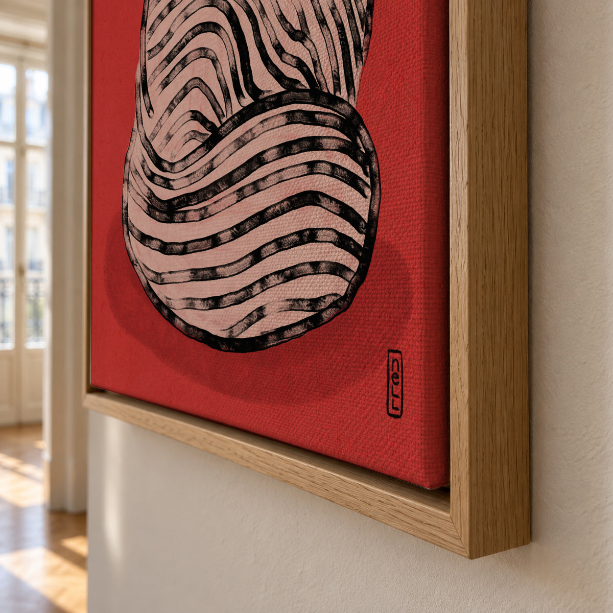 Black and White Stripe Cat Illustration Poster - Framed canvas detail