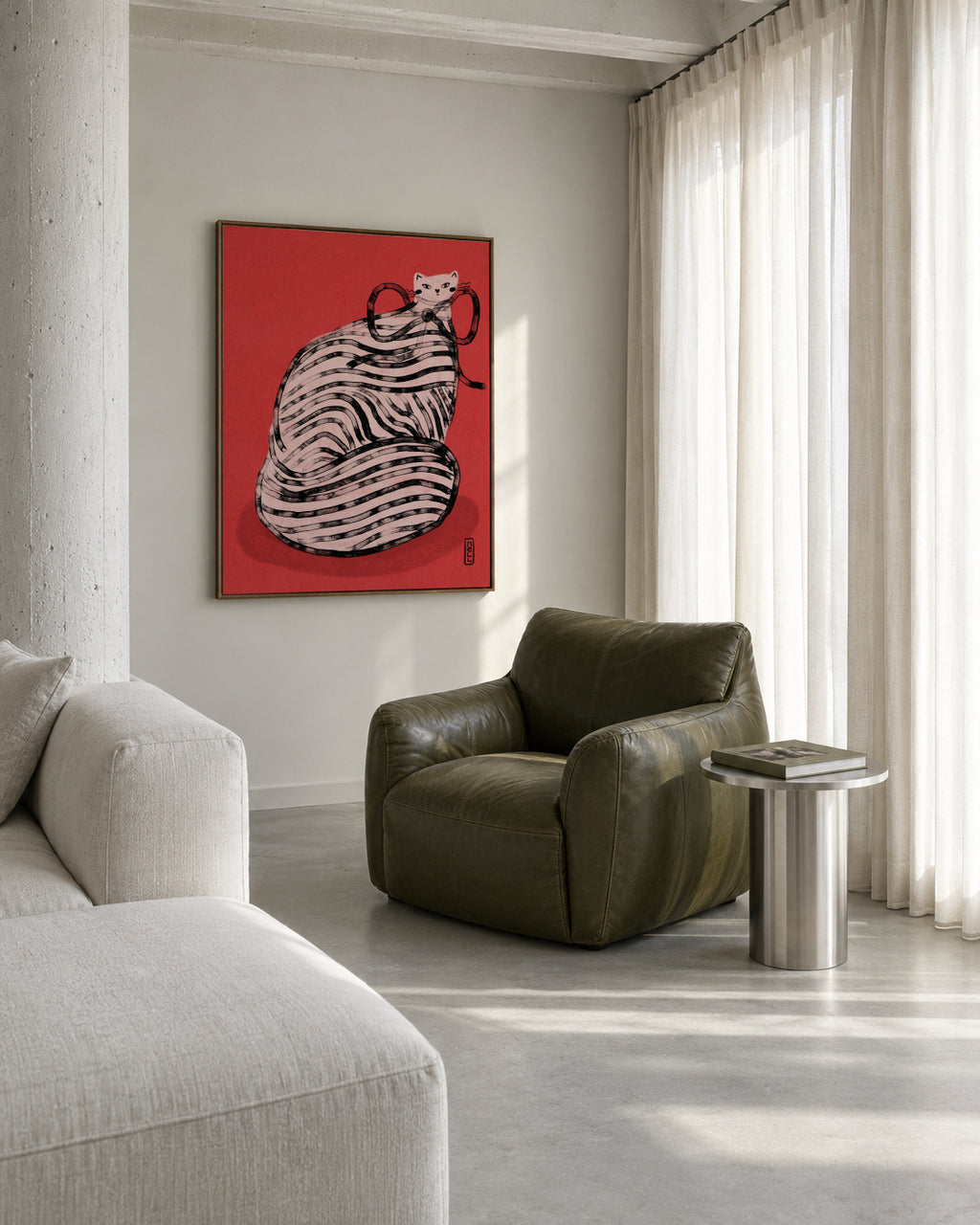 Black and White Stripe Cat Illustration Poster - Framed canvas in an interior