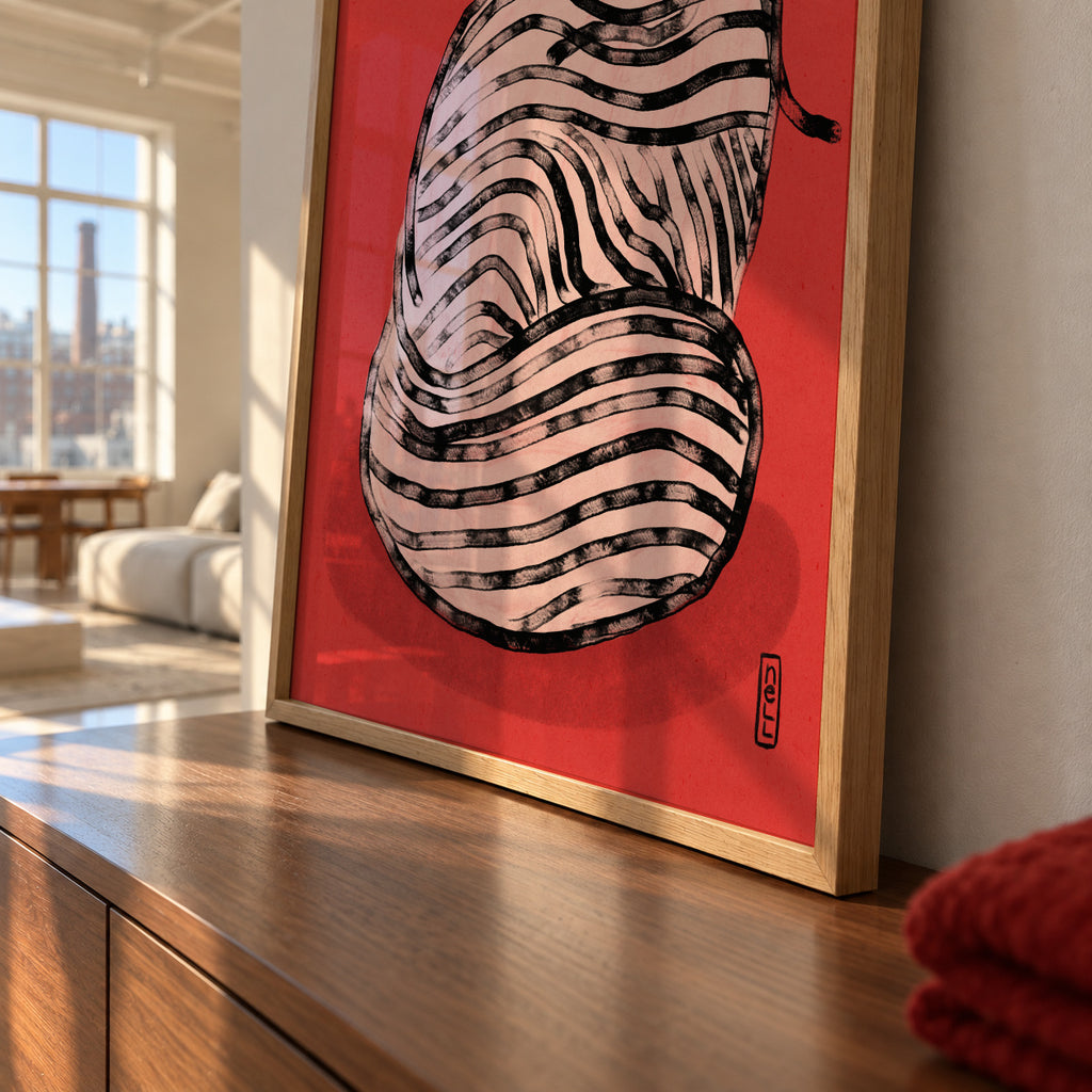 Black and White Stripe Cat Illustration Poster - Framed poster detail